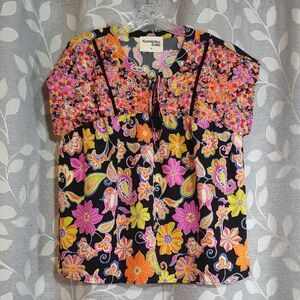 Savanna Jane Women's Vibrant Floral Blouse - Pink, Orange, Yellow size M